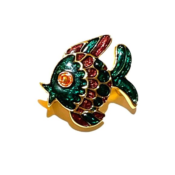 Green Red and Gold Cloisonné Puffy Fish Shaped Brooch Signed Ivana Adorable! - Picture 9 of 9